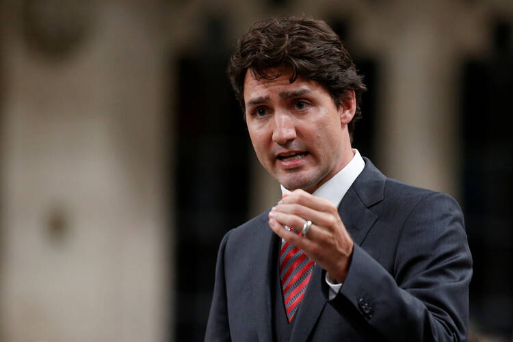 Canadian Prime Minister Justin Trudeau speaks in the House of Commons in Ottawa, Ontario, on May 31. (CNS photo/Chris Wattie, Reuters)