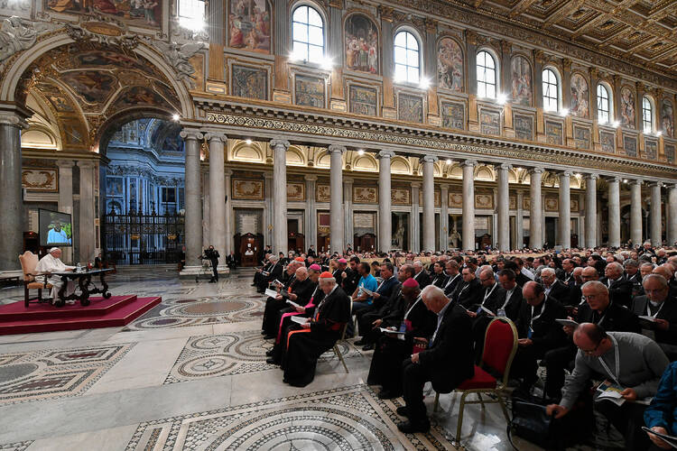 Pope Francis delivers a talk during a retreat for priests at the Basilica of St. Mary Major in Rome June 2. (CNS photo/L'Osservatore Romano, handout) 