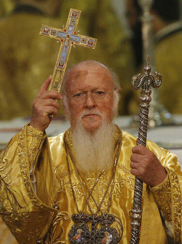 Ecumenical Patriarch Bartholomew of Constantinople delivers a blessing during a 2014 Divine Liturgy attended by Pope Francis in the patriarchal Church of St. George in Istanbul. (CNS photo/Paul Haring) 