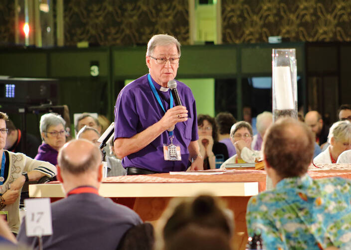 Archbishop Fred Hiltz, primate of the Anglican Church of Canada, warns against bullying in Toronto before the vote on same-sex marriage on July 11. (CNS photo/Francois Gloutnay, Presence) 