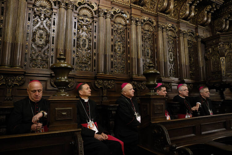 Bishops wait for the start of a meeting with Pope Francis at the cathedral in Krakow, Poland, on July 27. (CNS photo/Paul Haring)