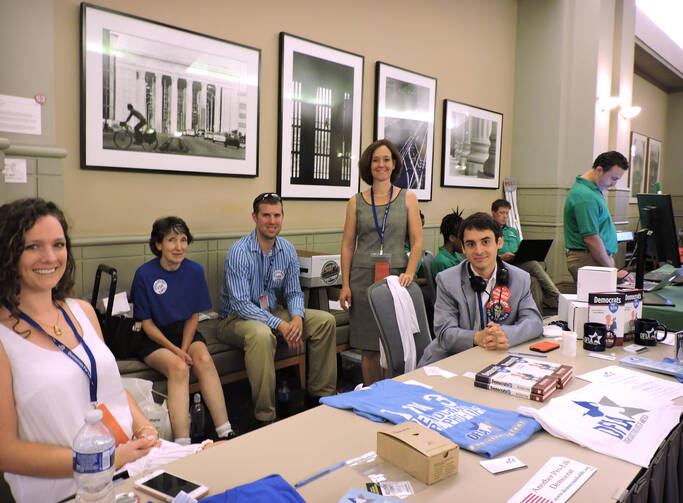 Executive director Kristen Day of the Democrats for Life of America, center, stands with other members of the pro-life organization July 27 during an event the group held in Philadelphia. (CNS photo/Elizabeth Evans)