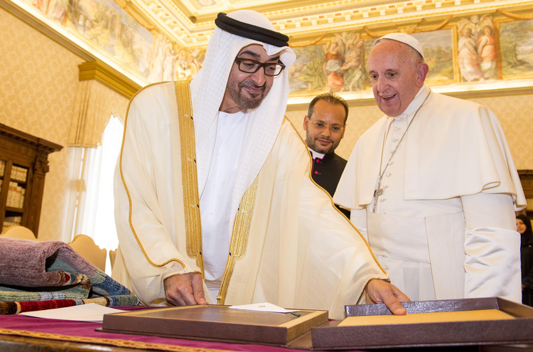 Image: Pope Francis exchanges gifts with Mohammed bin Zayed bin Sultan Al-Nahyan, crown prince of Abu Dhabi and deputy supreme commander of the United Arab Emirates armed forces, during a Sept. 15 private audience at the Vatican. (CNS photo/Clausio Peri, EPA)