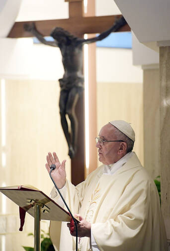 Pope Francis delivers his homily during Mass Sept. 27 in the chapel of the Domus Sanctae Marthae at the Vatican. Don't respond to grief or anguish with pills, alcohol or avoidance, Pope Francis said. (CNS photo/L'Osservatore Romano handout via EPA) 