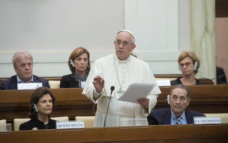 Pope Francis speaks at a conference organized by the Pontifical Academy of Social Sciences at the Vatican on Nov. 24. (CNS photo/L'Osservatore Romano, handout) 