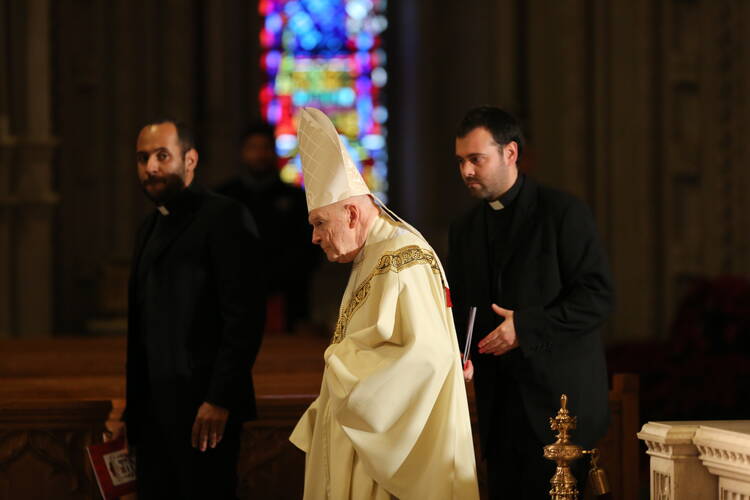 Cardinal Theodore E. McCarrick, retired archbishop of Washington, arrives for the Jan. 6 installation Mass of Cardinal Joseph W. Tobin at the Cathedral Basilica of the Sacred Heart in Newark, N.J. (CNS photo/Bob Roller)