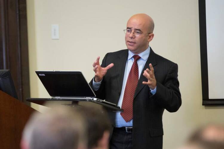 Hosffman Ospino, assistant professor of theology and religious education at Boston College's School of Theology and Ministry, delivers the fifth annual Hispanic Innovators of the Faith Lecture on Jan. 30 at The Catholic University of America in Washington. (CNS photo/Jaclyn Lippelmann, Catholic Standard)