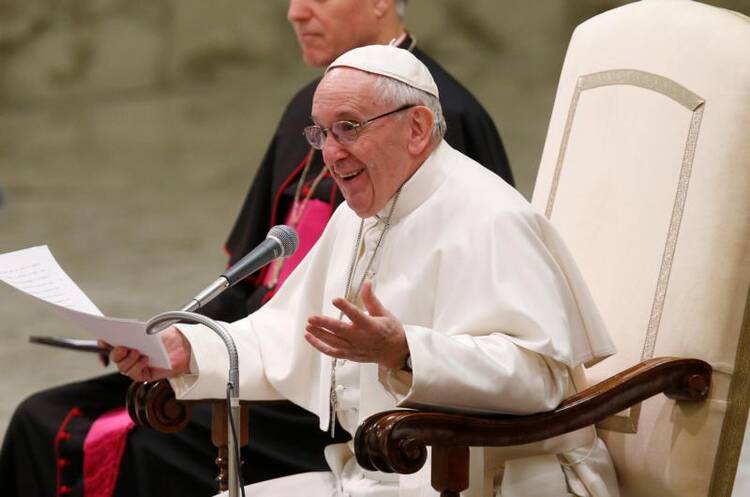 Pope Francis speaks during his general audience in Paul VI hall at the Vatican on Feb. 8. (CNS photo/Paul Haring) 