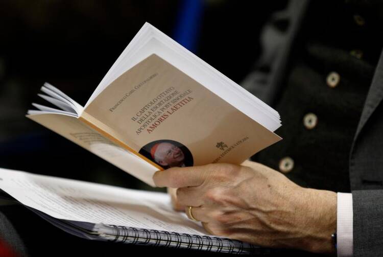 A journalist holds a copy of a book by Cardinal Francesco Coccopalmerio, president of the Pontifical Council for Legislative Texts, on Pope Francis' apostolic exhortation, "Amoris Laetitia," during its presentation at the Vatican on Feb. 14.(CNS photo/Paul Haring) 