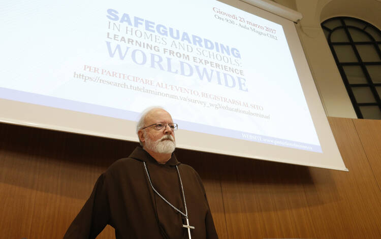U.S. Cardinal Sean P. O'Malley, president of the Pontifical Commission for the Protection of Minors, is pictured during a seminar on safeguarding children at the Pontifical Gregorian University in Rome March 23. (CNS photo/Paul Haring) 