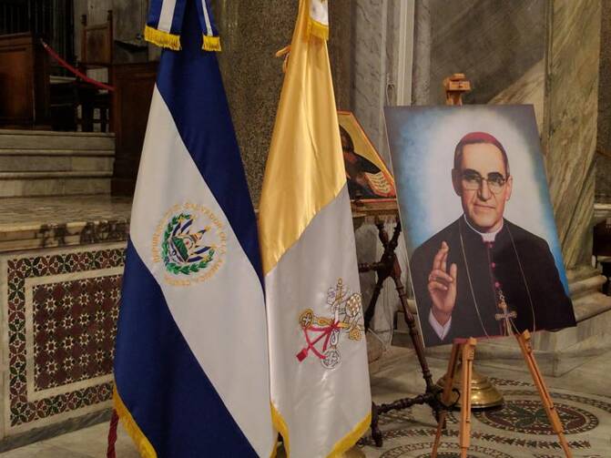 A portrait of Blessed Oscar Romero is displayed on March 23 in Rome's Basilica of Santa Maria in Trastevere. (CNS photo/Junno Arocho Esteves) 