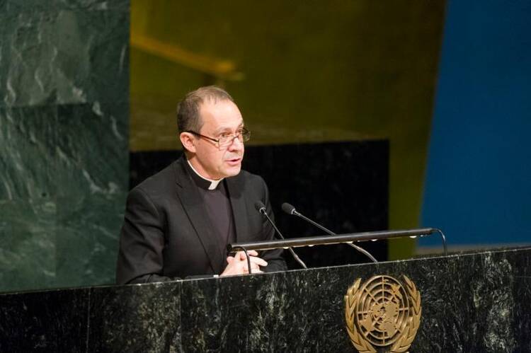 Msgr. Antoine Camilleri, Vatican undersecretary for relations with states, delivers a message from Pope Francis to a U.N. conference on nuclear weapons on March 27 in New York City. (CNS photo/Rick Bajornas, UN)