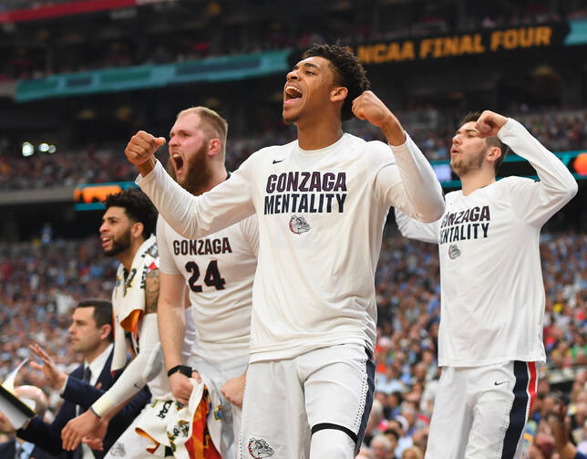 Gonzaga Bulldogs players celebrate from the bench in the second half against the South Carolina Gamecocks during the semifinals of the 2017 NCAA Men's Final Four on April 1 at the University of Phoenix Stadium in Glendale. (CNS photo/Bob Donnan-USA TODAY Sports via Reuters)