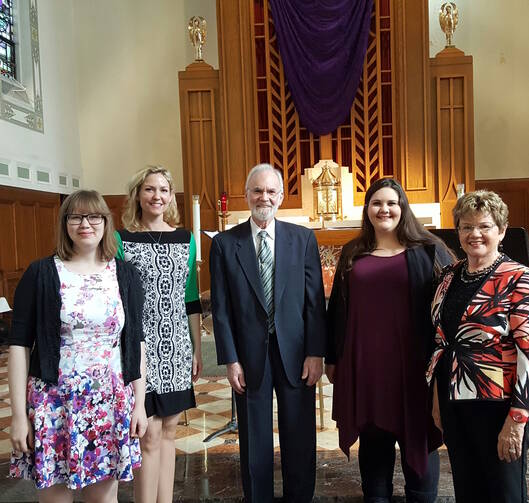 Edward Lally (center) is joined by his schola, Sarah Coffman, Katherine Keberlein, Ngaire Bull and Sarah Beatty, at St. Edward's Catholic Church in Chicago on April 8, 2017. Photo courtesy of Sarah Beatty.