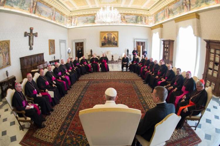 Pope Francis meets with Canadian bishops from Ontario on April 25 during their "ad limina" visits to the Vatican to report on the status of their dioceses. (CNS photo/L'Osservatore Romano) 
