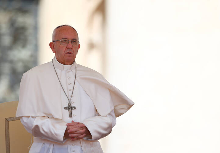 Pope Francis leads his general audience in St. Peter's Square on May 10 at the Vatican. (CNS photo/Tony Gentile, Reuters)