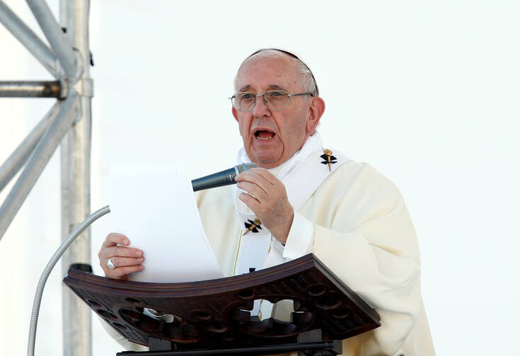 Pope Francis delivers the homily as he celebrates Mass on May 27 during his pastoral visit in Genoa, Italy. (CNS photo/Georgio Perottino Garofalo, Reuters)