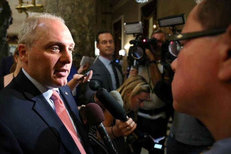 U.S. House Majority Whip Steve Scalise, R-La., seen speaking to reporters on May 17, was shot early June 14 in Alexandria, Va., while practicing baseball, according to news reports. (CNS photo/Zach Gibson, Reuters)