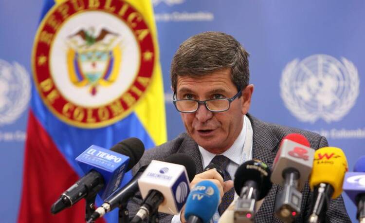 Argentinian Maj. Gen. Javier Antonio Perez Aquino, chief observer of U.N. Mission in Colombia, holds a March 2 news conference in Bogota. (CNS photo/Mauricio Duenas Castaneda, EPA)