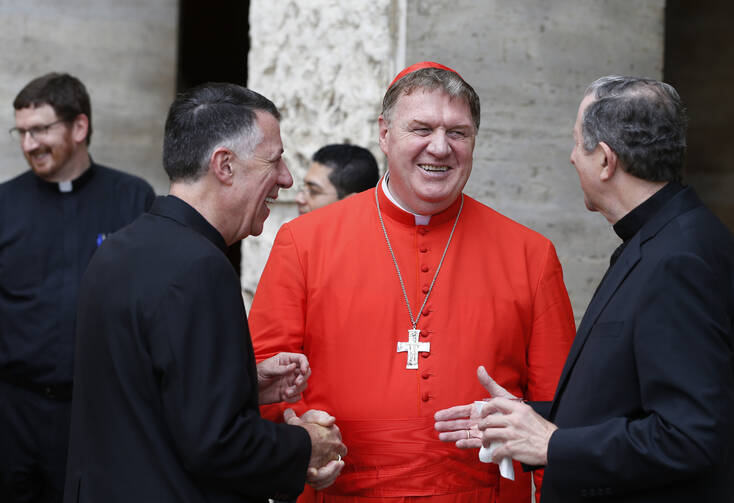 Cardinal Joseph W. Tobin of Newark, N.J., center, talks with Bishop James F. Checchio of Metuchen, N.J., left, and U.S. Archbishop James P. Green, in Rome in June 2017. (CNS photo/Paul Haring) 
