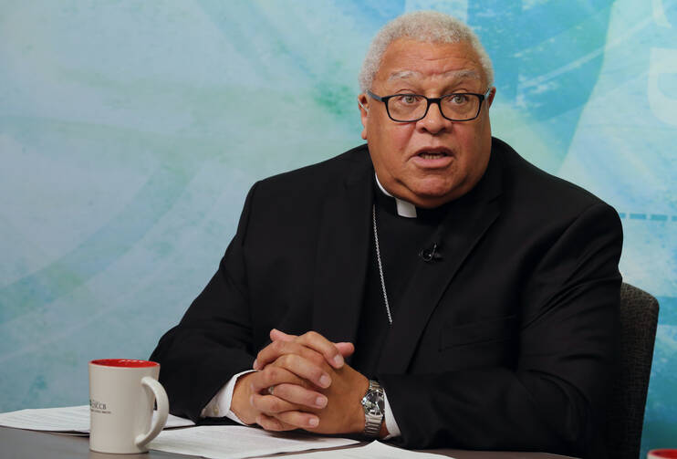 Bishop George V. Murry of Youngstown, Ohio, speaks during a video news conference on Aug. 23 after being named chair of the U.S. bishops' new Ad Hoc Committee Against Racism. (CNS photo/Bob Roller)
