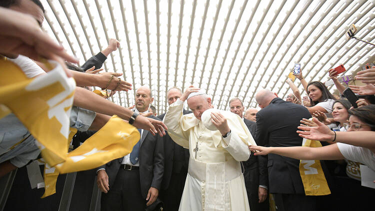 Pope Francis leads an audience with members of the Shalom Catholic Community at the Vatican on Sept. 4. (CNS photo/L'Osservatore Romano)