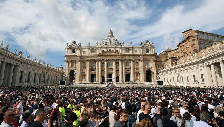 A large crowd is seen as Pope Francis leads the Angelus in St. Peter's Square Sept. 17 at the Vatican.