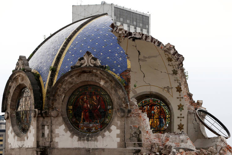 The destroyed dome of Our Lady of Angels Church is seen Sept. 24. following the Sept. 19 earthquake in Mexico City. (CNS photo/Carlos Jasso, Reuters)