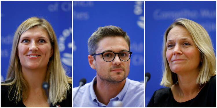 A combination photo shows members of the International Campaign to Abolish Nuclear Weapons in Geneva on Oct. 6. The group won the 2017 Nobel Peace Prize. Pictured from left to right are Beatrice Fihn, executive director; Daniel Hogsta, coordinator; and Grethe Ostern, a member of the organization's steering committee. (CNS photo/Denis Balibouse, Reuters)