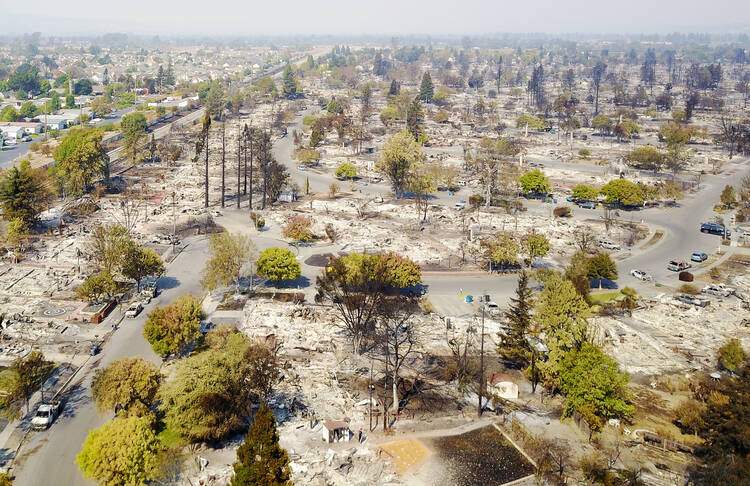 An aerial view of destruction in Santa Rosa, Calif., is seen on Oct. 11 after wildfires. (CNS photo/DroneBase, Reuters)