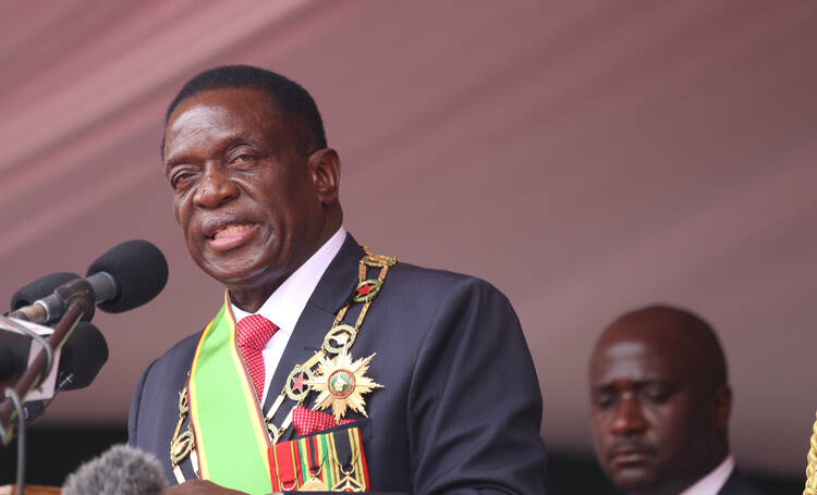 Zimbabwe President Emmerson Mnangagwa delivers a speech during his Nov. 24 swearing-in ceremony in Harare. (CNS photo/Aaron Ufumeli, EPA)