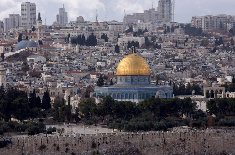 The gold-covered Dome of the Rock at the Temple Mount complex is seen in this 2017 overview of Jerusalem's Old City. (CNS photo/Debbie Hill)