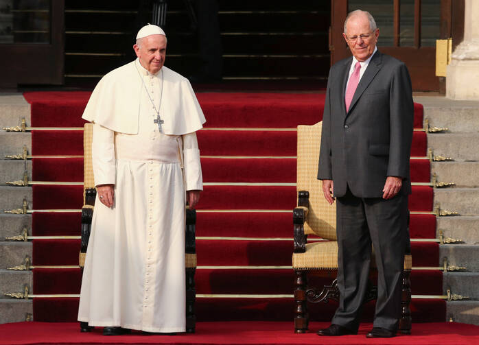  Pope Francis and Peruvian President Pedro Pablo Kuczynski stand outside the presidential palace in Lima, Peru, Jan.19.(CNS photo//Mariana Bazo, Reuters) 