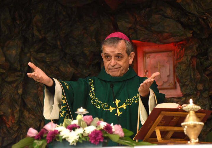 Seattle Auxiliary Bishop Eusebio L. Elizondo concelebrates Mass on Jan. 21 at St. Joseph Church in Jifna, West Bank. (CNS photo/Debbie Hill)