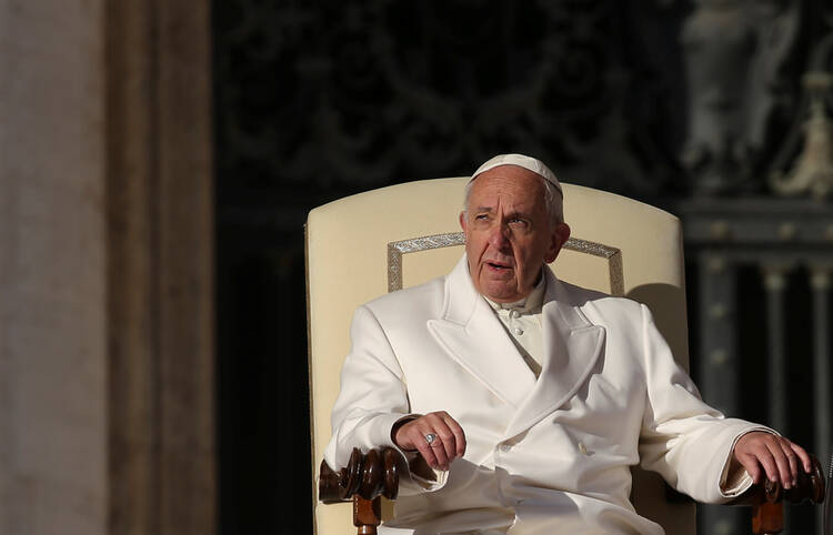 Pope Francis leads his general audience on Jan. 24 in St. Peter's Square at the Vatican. (CNS/Tony Gentile, Reuters)