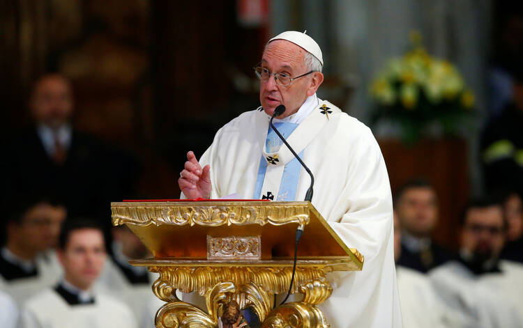 Pope Francis gives the homily as he celebrates Mass at the Basilica of St. Mary Major in Rome Jan. 28. (CNS photo/Remo Casilli, Reuters)