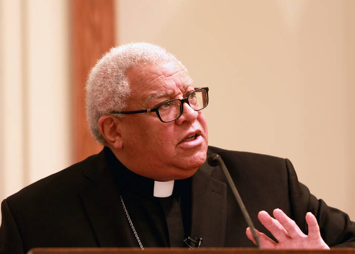 Bishop George V. Murry of Youngstown, Ohio, who chairs the U.S. bishops' Ad Hoc Committee Against Racism, gives a talk Jan. 27 at St. Peter Catholic Church in Charlotte, N.C., about racism in the Catholic Church's history and how his committee is addressing it. (CNS photo/Patricia L. Guilfoyle, Catholic News Herald)