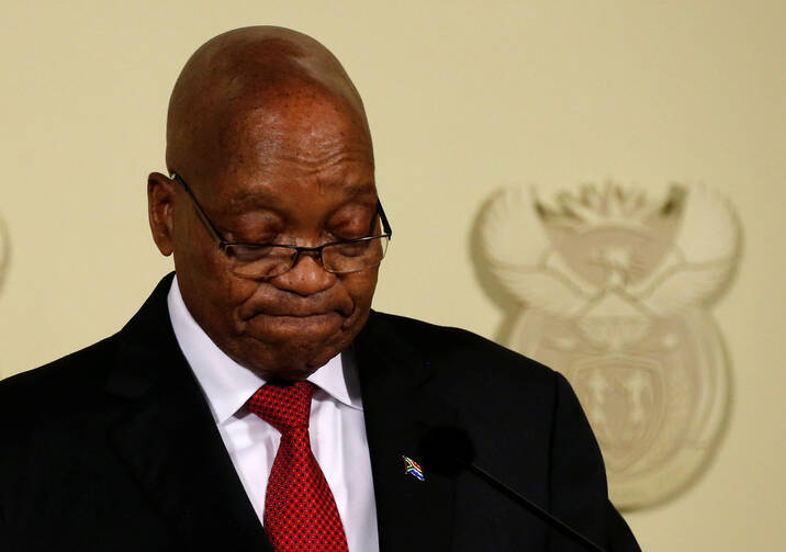 South African President Jacob Zuma speaks on Feb. 14 at the Union Buildings in Pretoria. Zuma, 75, resigned that day after nine years in office. (CNS photo/Siphiwe Sibeko, Reuters)