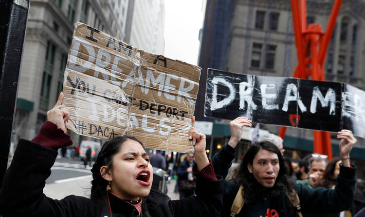 Activists and recipients of the Deferred Action for Childhood Arrivals, or DACA program, march up Broadway in New York City on Feb. 15 during the start of their "Walk to Stay Home," a five-day 250-mile walk from New York to Washington to demand that Congress pass a clean DREAM Act to save the program. (CNS photo/Shannon Stapleton, Reuters) 