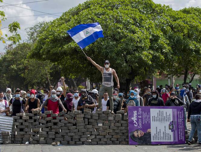 A cobblestone barricade in Managua on April 21. (CNS photo/Jorge Torres, EPA) 