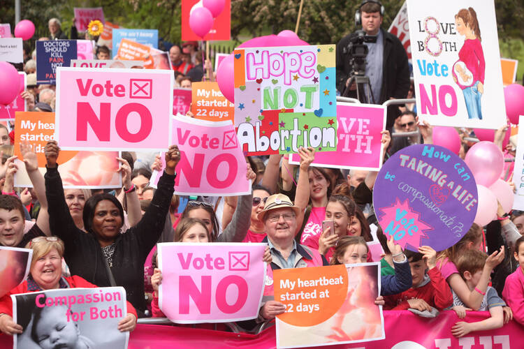 Thousands gathered in Dublin May 12 to say "Love Both" and "Vote No" to abortion on demand. They were protesting abortion on demand in the forthcoming referendum May 25. (CNS photo/John McElroy)