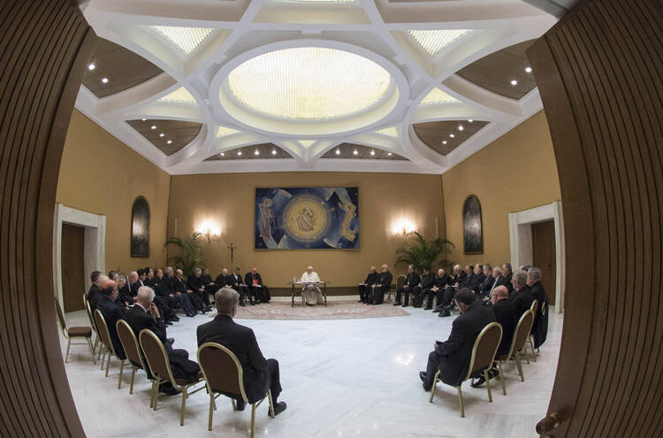 Pope Francis and 34 Chilean bishops met in May to discuss the clerical sexual abuse crisis in Chile. (CNS photo/Vatican Media)