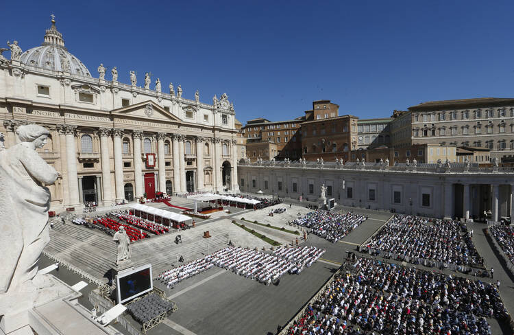 Pope Francis celebrates Mass marking the feast of Sts. Peter and Paul in St. Peter's Square at the Vatican on June 29. (CNS photo/Paul Haring)