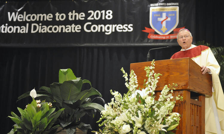 New Orleans Archbishop Gregory M. Aymond delivers the homily July 22 at the opening Mass of the 2018 National Diaconate Congress in New Orleans. (CNS photo/Peter Finney Jr., Clarion Herald)
