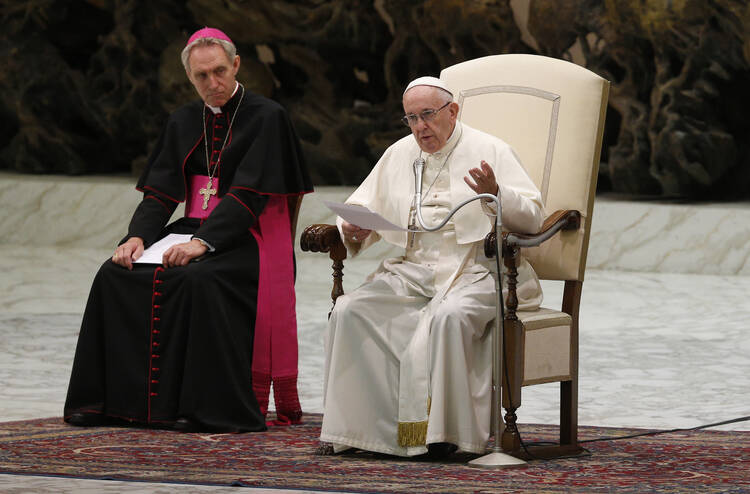  Pope Francis speaks during his general audience in Paul VI hall at the Vatican Aug. 1. (CNS photo/Paul Haring)