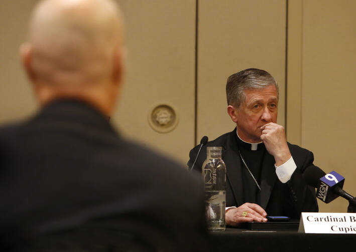Cardinal Blase J. Cupich of Chicago listens Aug. 2 during a panel discussion on the death penalty in Chicago. (CNS photo/Karen Callaway, Chicago Catholic) 