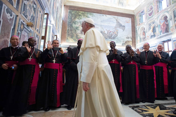 Pope Francis attends a meeting with new bishops from mission territories at the Vatican Sept. 8. (CNS photo/Vatican Media)