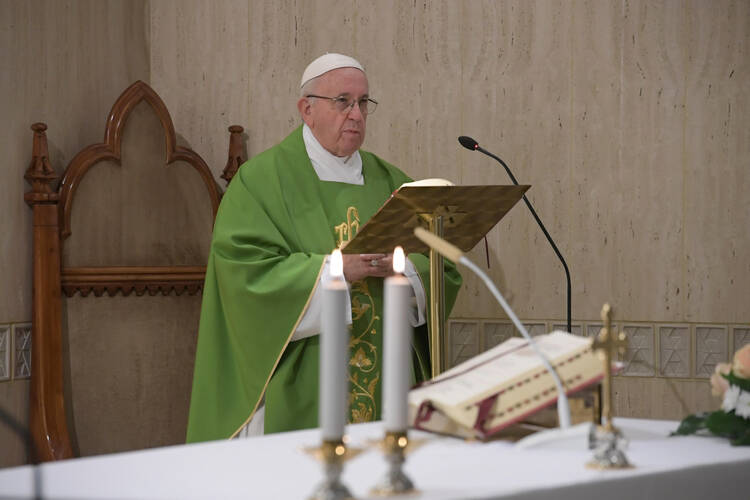 Pope Francis gives the homily as he celebrates morning Mass in the chapel of his residence, the Domus Sanctae Marthae, at the Vatican on Sept. 11. (CNS photo/Vatican Media) 