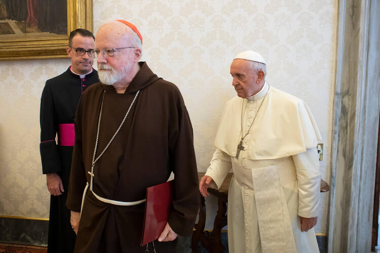 Pope Francis meets with officials representing the U.S. Conference of Catholic Bishops at the Vatican Sept. 13. At left is Msgr. J. Brian Bransfield, general secretary of the conference, and Cardinal Sean P. O'Malley of Boston, president of the Pontifical Commission for the Protection of Minors. (CNS photo/Vatican Media) 