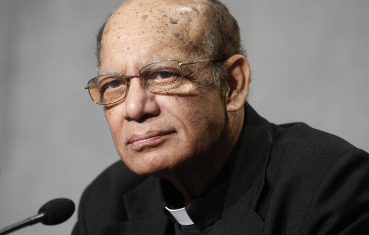  Cardinal Oswald Gracias of Mumbai, president of the India bishops' conference, attends a news conference to discuss the Synod of Bishops on young people, the faith and vocational discernment at the Vatican Oct. 9. (CNS photo/Paul Haring)
